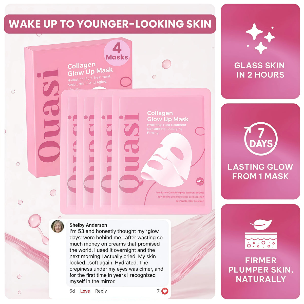 Quasi Bio-Collagen Face Mask Overnight – Hydrating Korean Sheet Mask – Niacinamide & Low Molecular Collagen – Firming & Smoothing Skincare for All Skin Types – 4 Masks