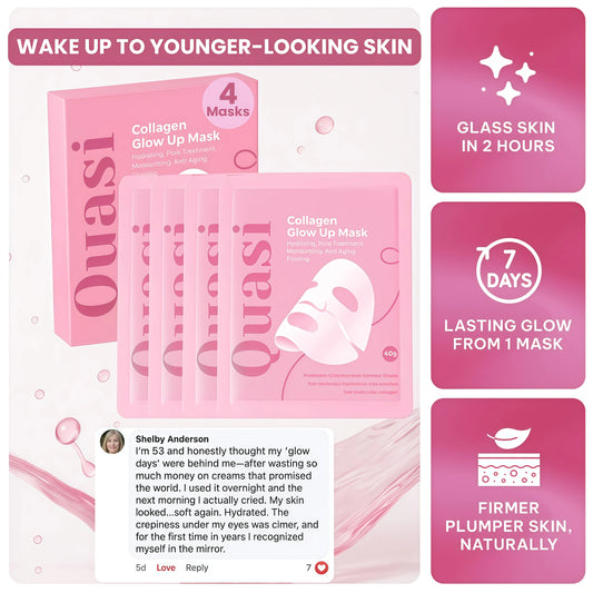 Quasi Bio-Collagen Face Mask Overnight – Hydrating Korean Sheet Mask – Niacinamide & Low Molecular Collagen – Firming & Smoothing Skincare for All Skin Types – 4 Masks